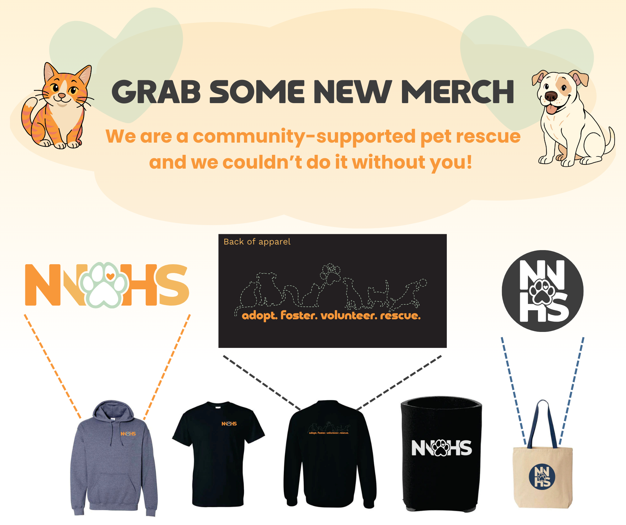 Promotional graphic for NOHS pet rescue merchandise, showing a hoodie, T-shirt, sweatshirt, tumbler, and tote bag with NOHS logo, accompanied by cartoon illustrations of a cat and a dog, with text encouraging community support for pet rescue.