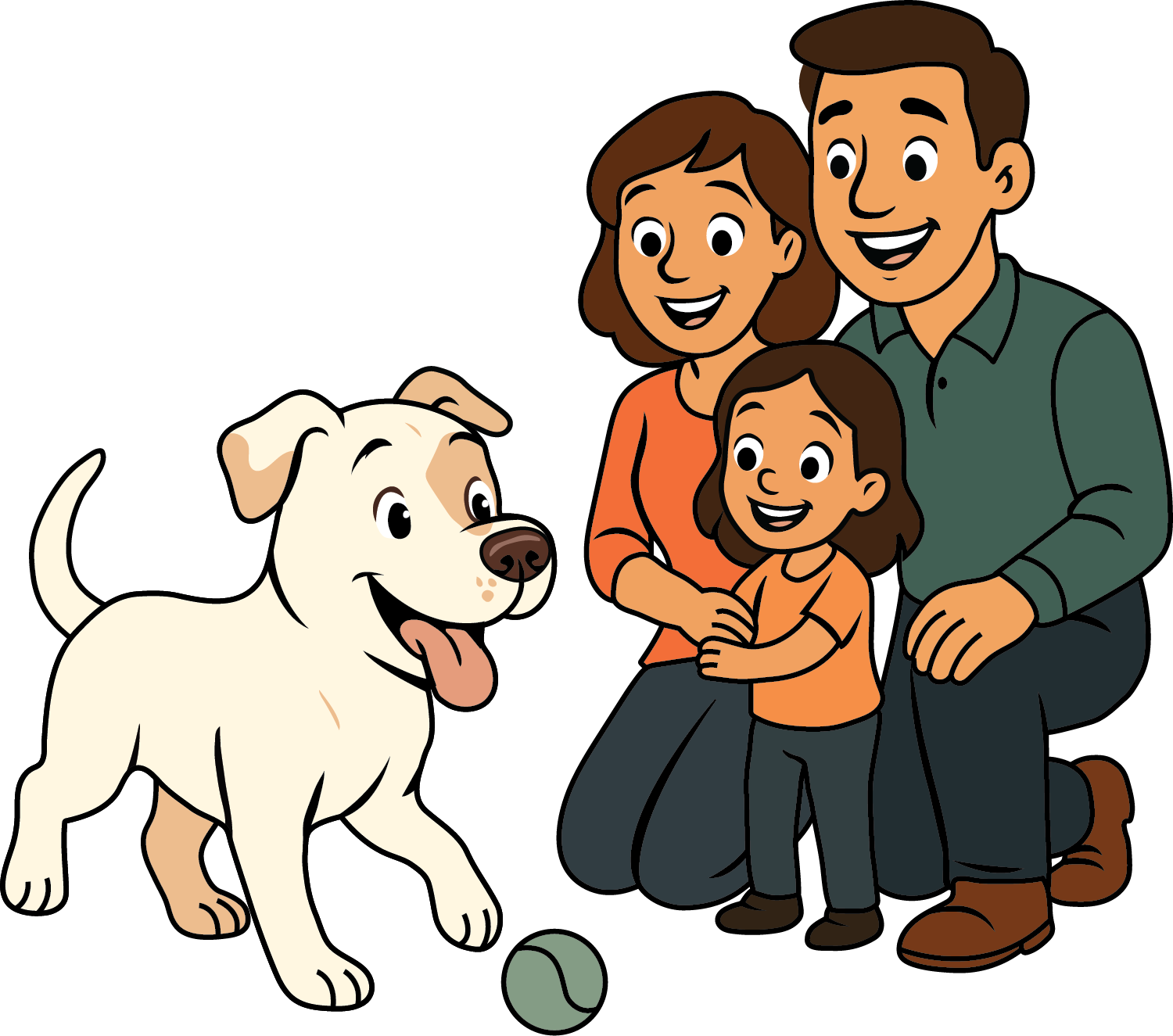 A happy family of four with a dog and a tennis ball, smiling and looking at the dog, on a black background.