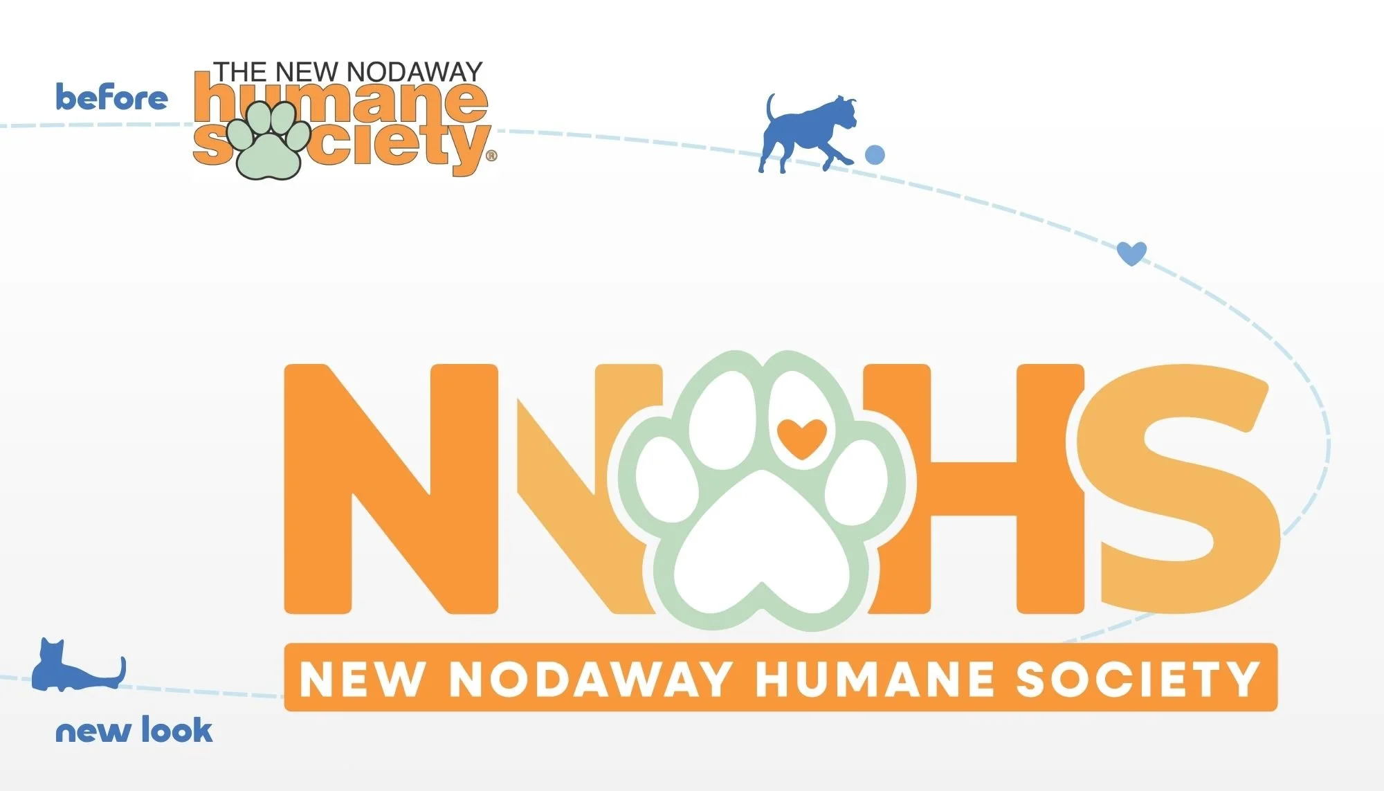 Logo for the New NodaWay Humane Society with stylized text and graphics, including paw print and animal illustrations, in orange and blue colors.