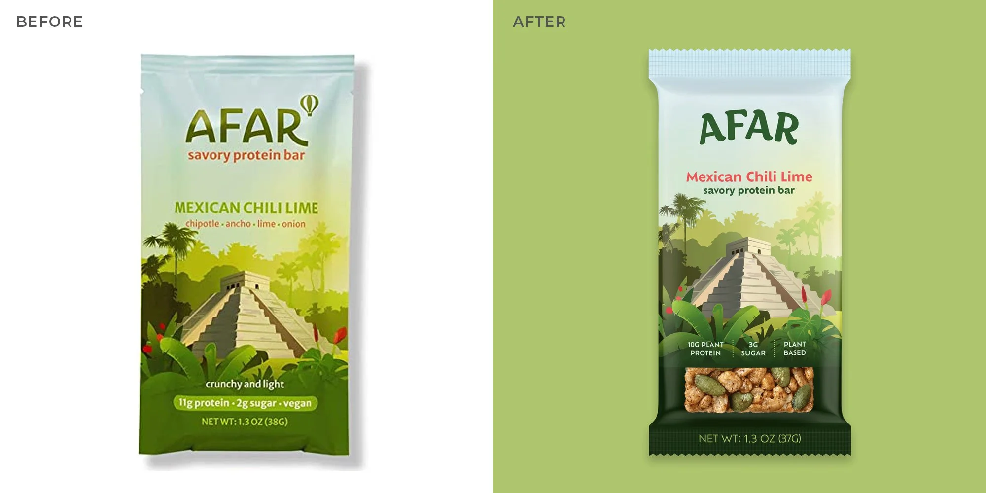 Comparison of two AFAR Mexican Chili Lime protein snack bars, before and after packaging change. The before package is light green and depicts a Mayan pyramid with jungle foliage, with text highlighting flavors and nutritional info. The after package is similar in design but with a darker green bottom section, clearer text, and a picture of the snack inside at the bottom.