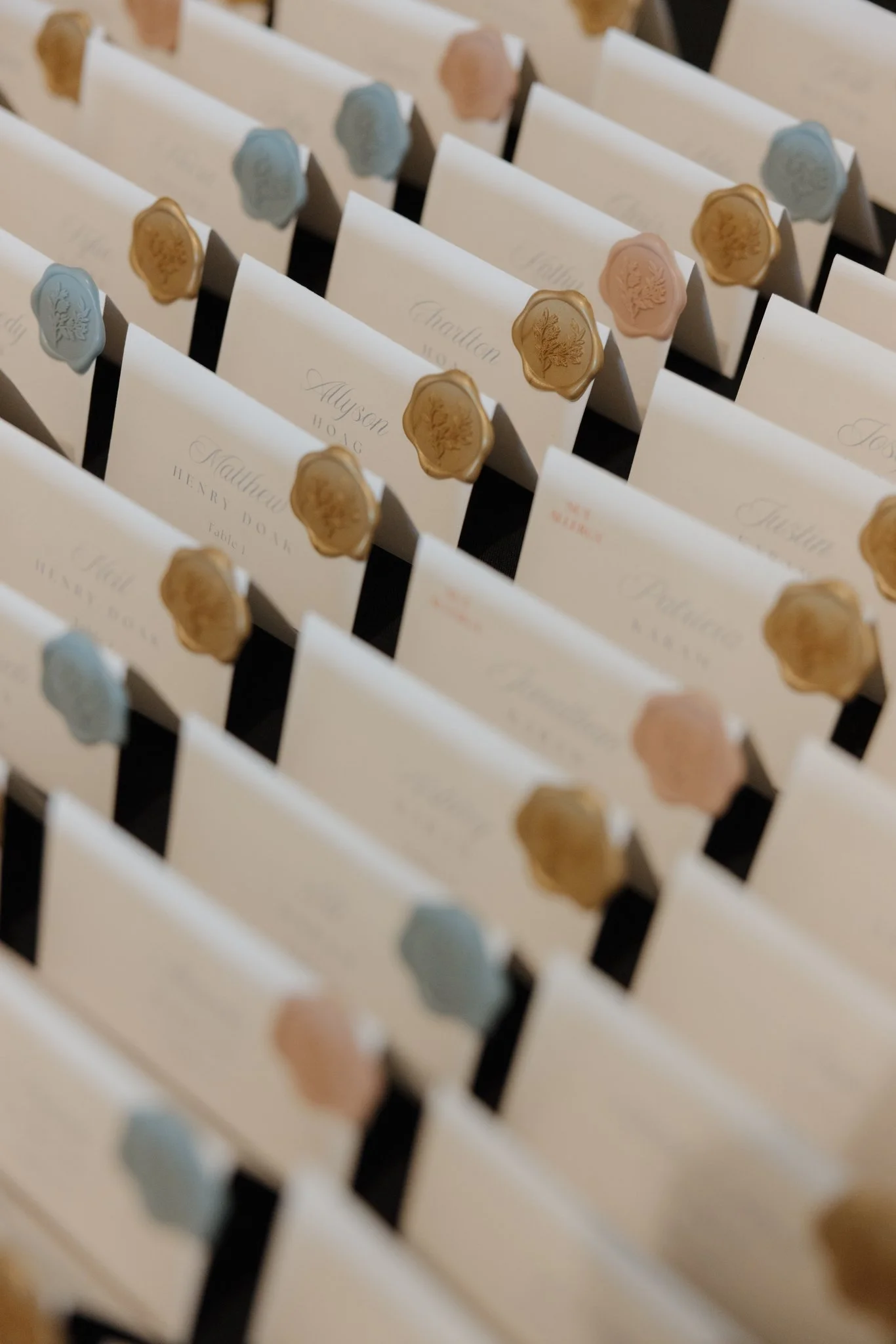 Guest escort cards all lined up alphabetically on a table