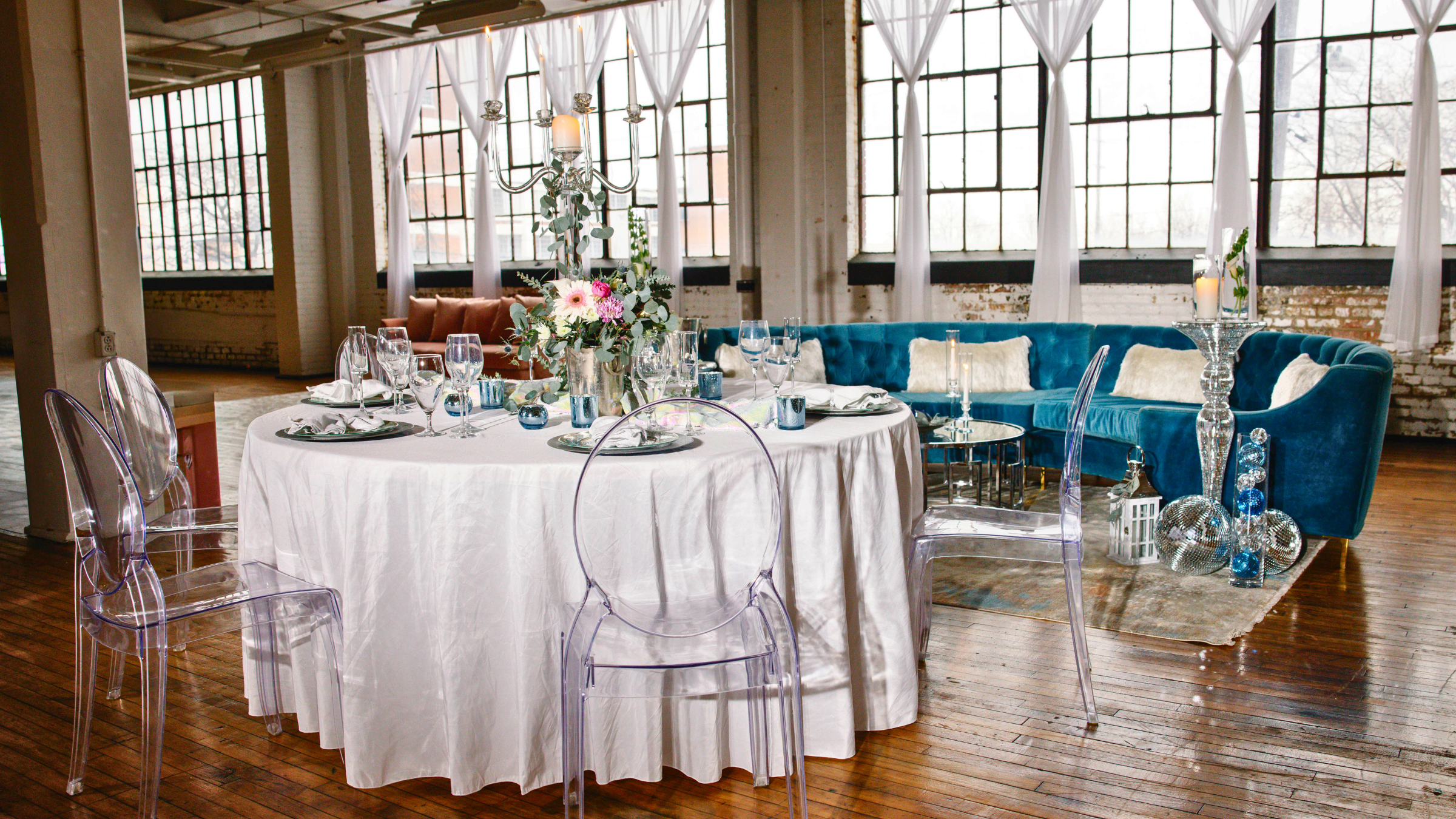 1989 era modern minimal wedding Cleveland - disco balls, chrome accents, clean design by Sterling Event Services