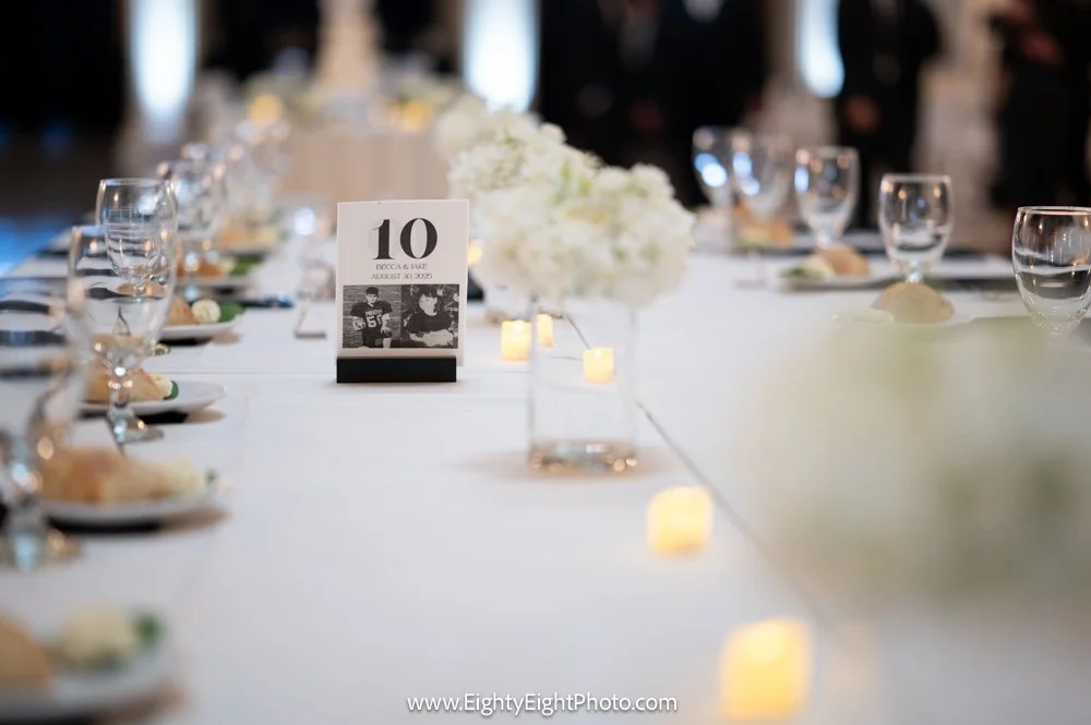 Table décor at Becca and Jake’s Old Courthouse wedding reception in Cleveland
