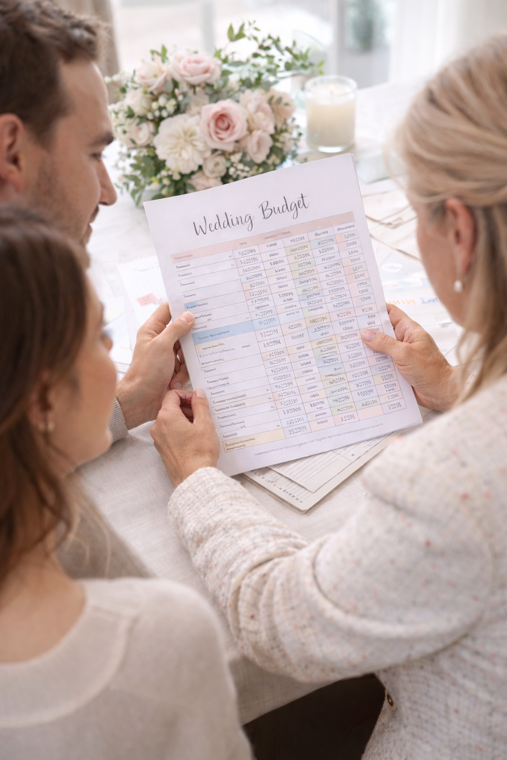 couple reviewing wedding budget spreadsheet with planner guidance