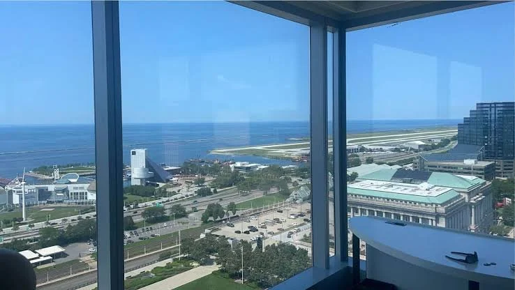 Lake Erie seen through windows at Hilton Cleveland Downtown