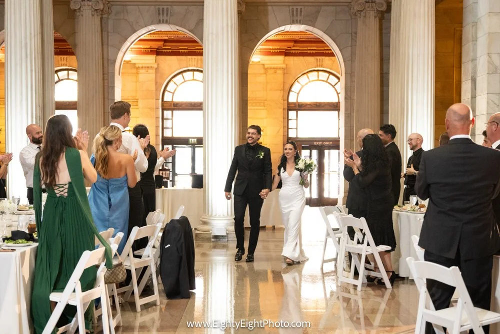 Becca and Jake arriving at the Old Courthouse for their Cleveland wedding reception