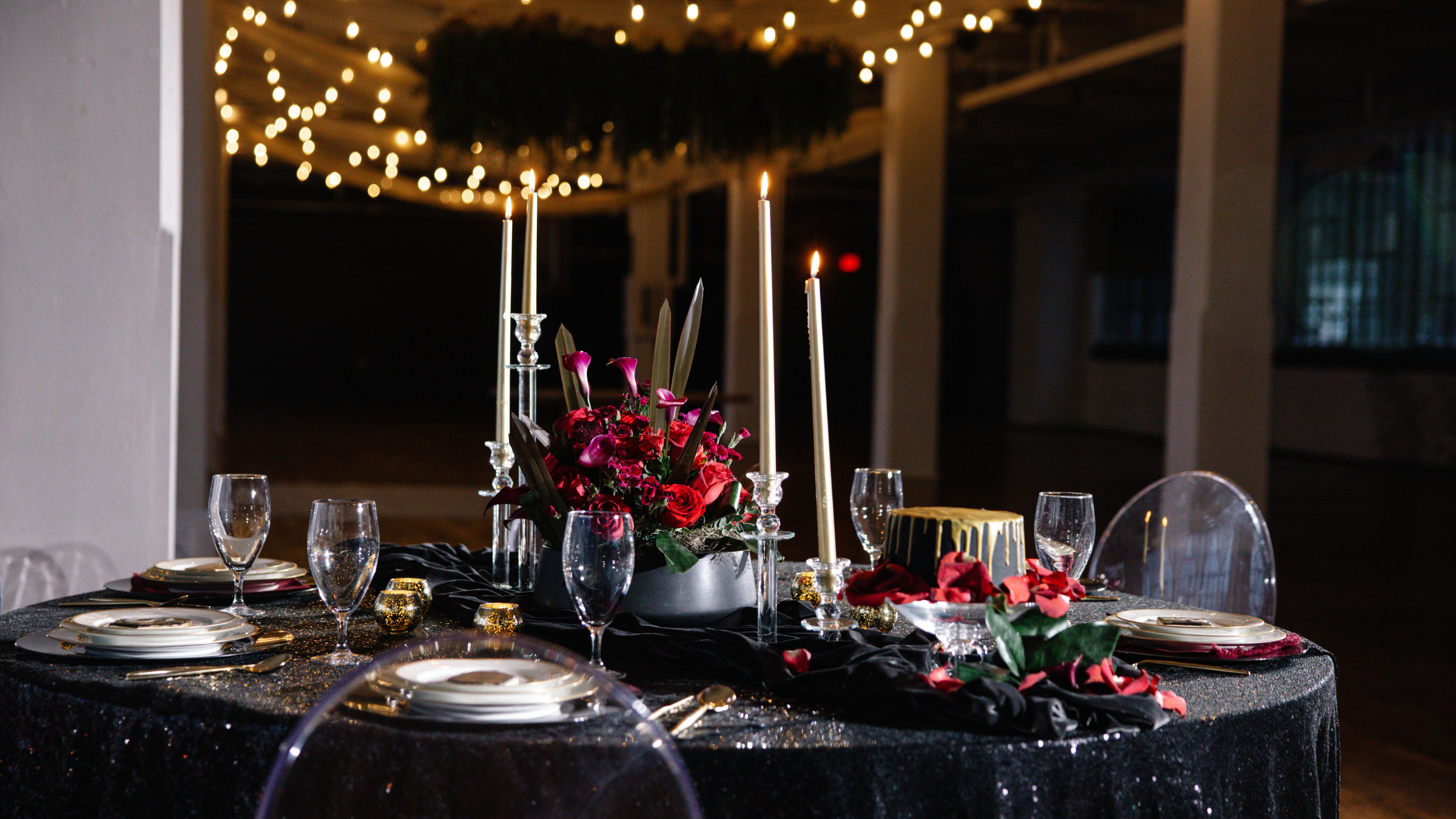 Midnights era after-dark glam wedding Cleveland - navy velvet, silver accents, sophisticated lighting by Sterling Event Services