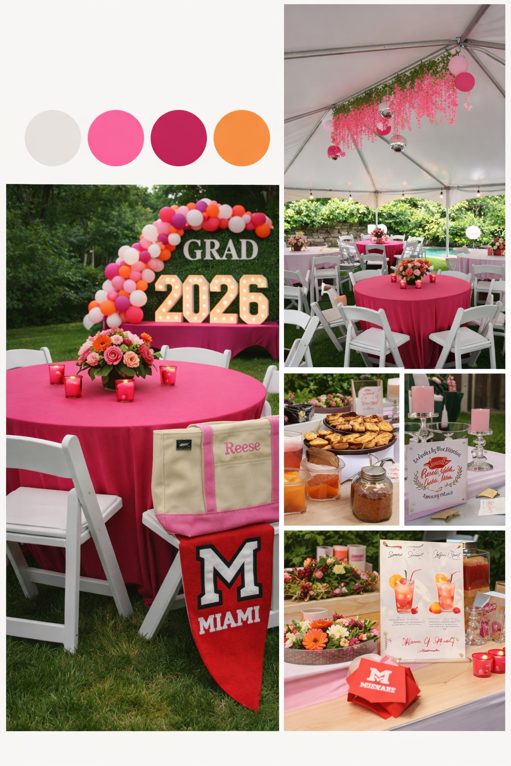Graduation party vision board with colors, décor inspiration, and seating ideas