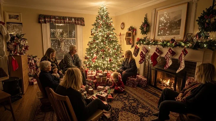 Multi-generational family opening Christmas stockings together on Christmas morning