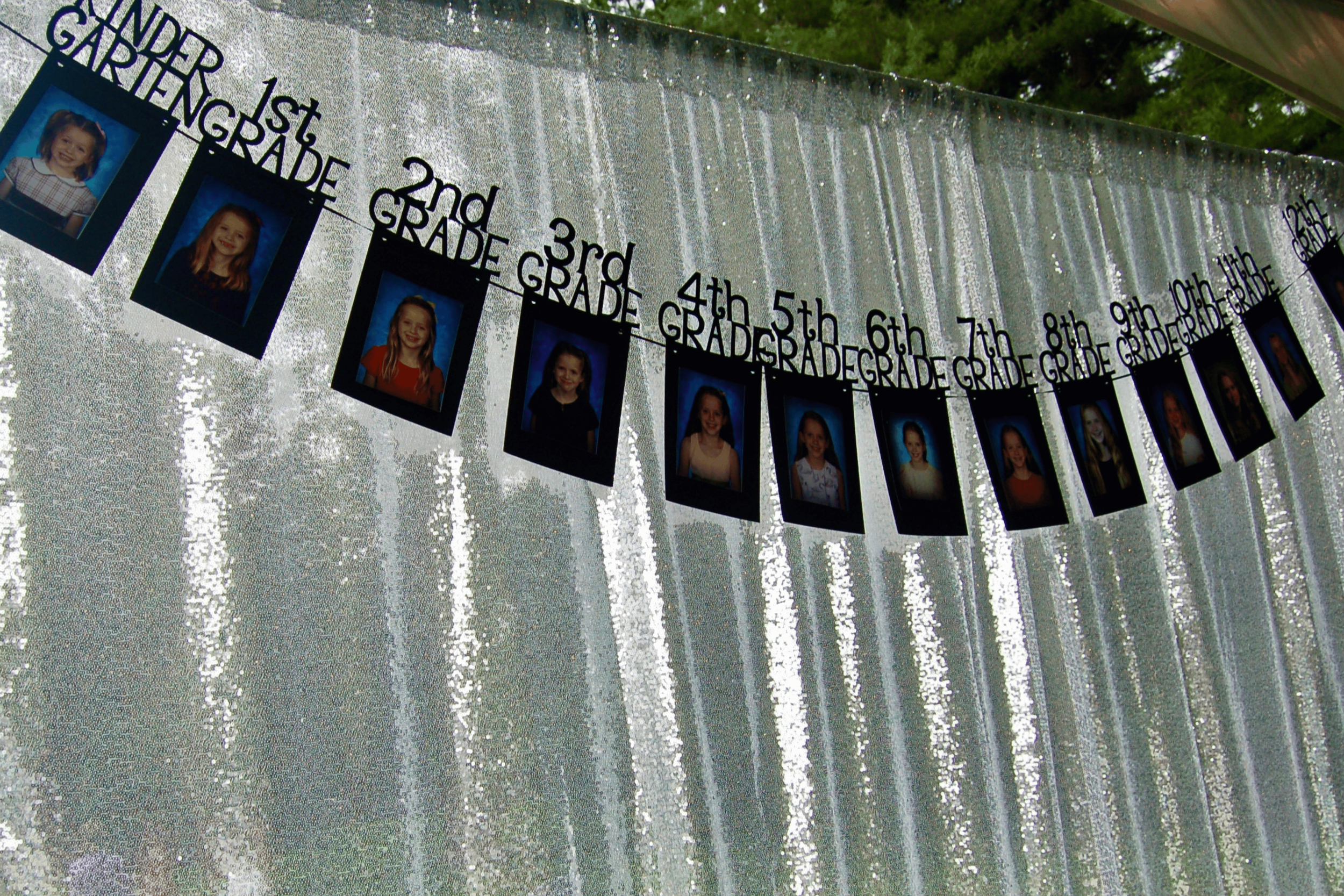 Graduation party photobooth backdrop with photo timeline display