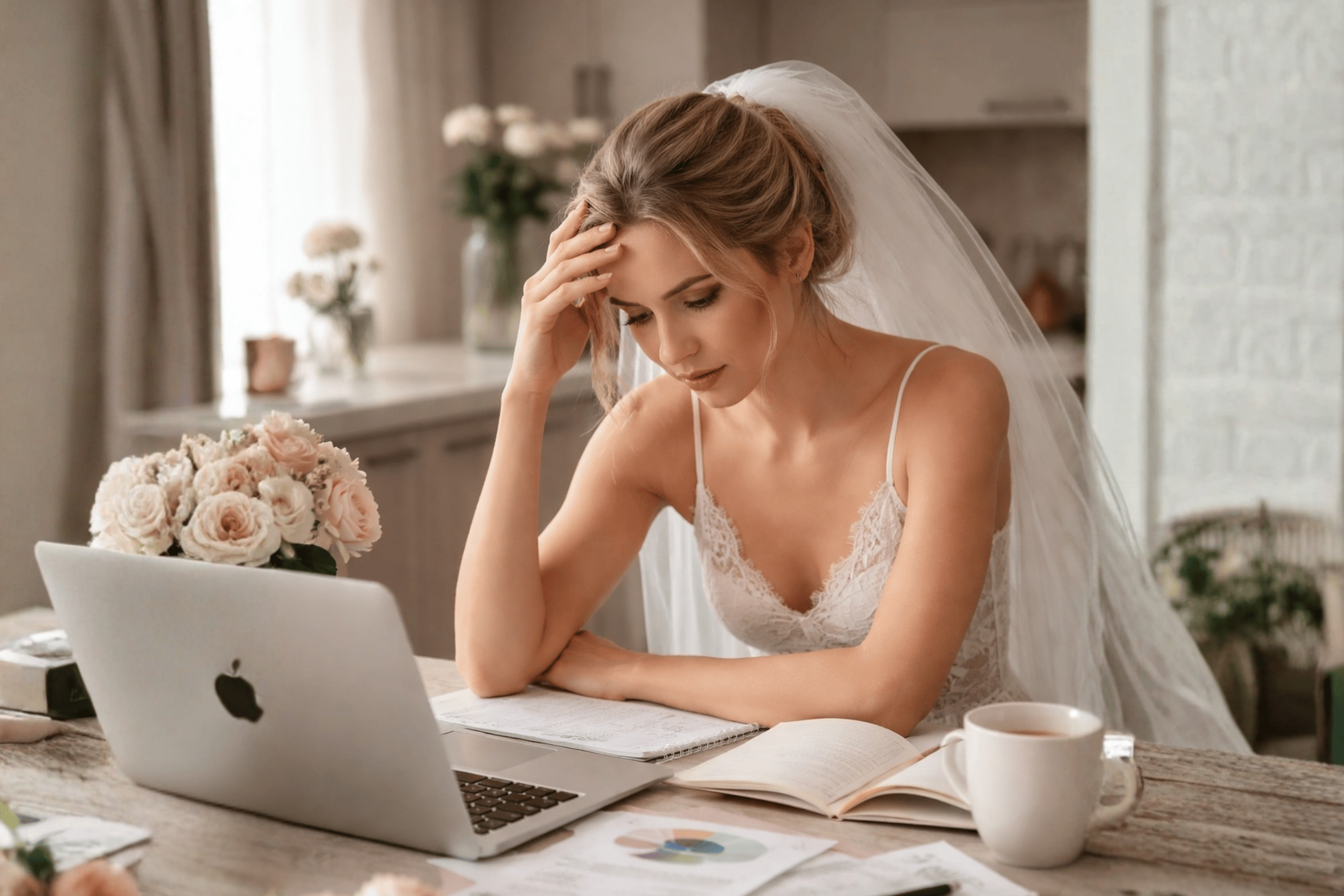 Bride feeling overwhelmed while planning her wedding with laptop and notes