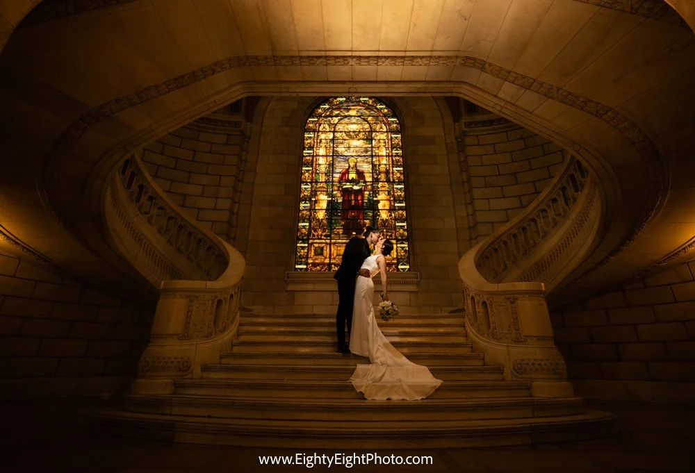 Becca and Jake on the marble staircase inside Cleveland’s Old Courthouse
