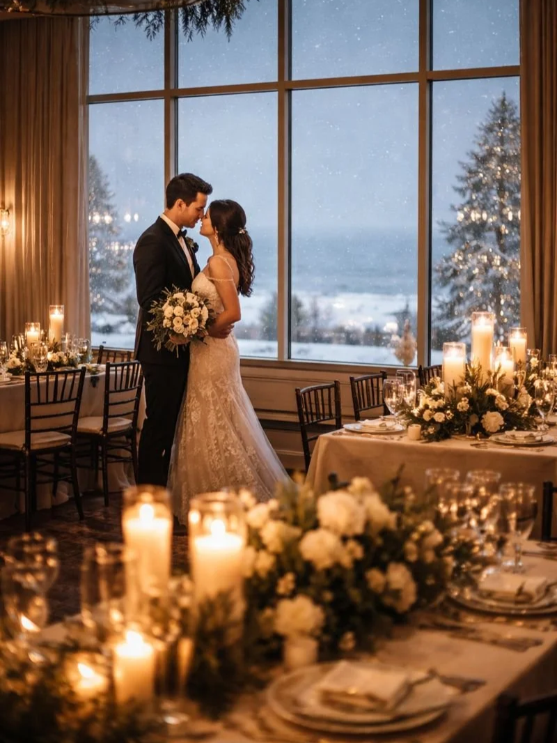 Romantic Cleveland winter wedding with snow falling outside a Lake Erie venue