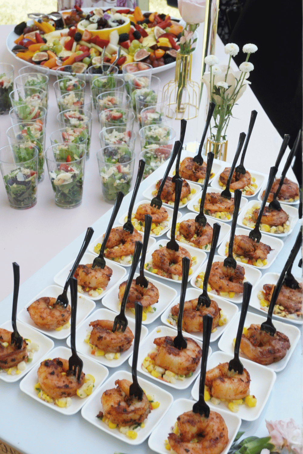Bridal shower catering with shrimp appetizers and fresh salad cups