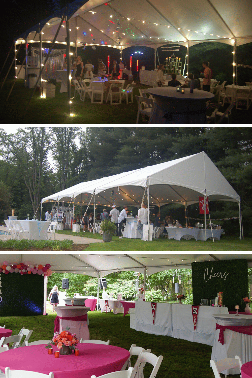 Graduation party tent layout with round tables, white chairs, and clear guest flow