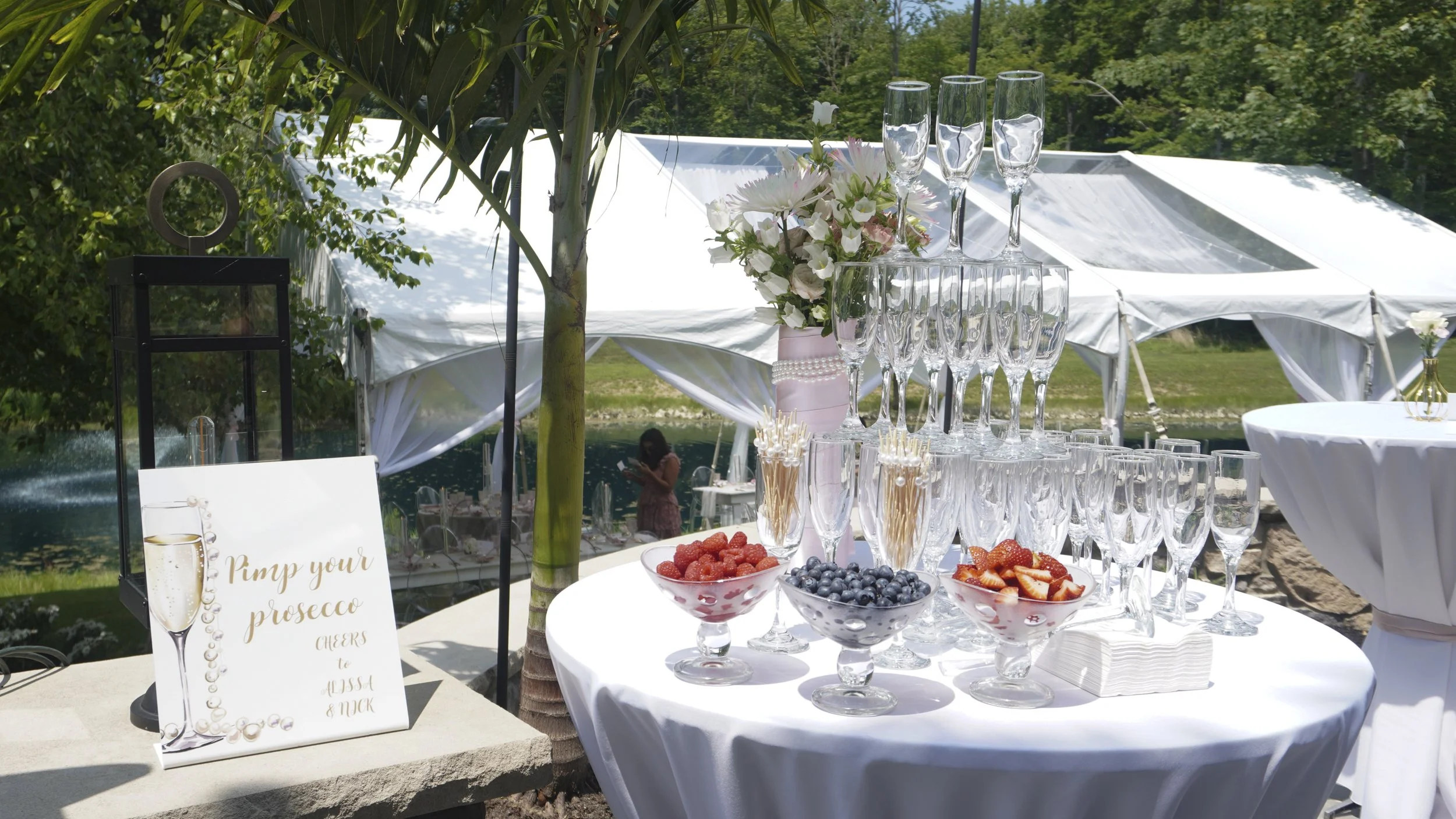 Bridal shower mimosa bar with fresh fruit and champagne