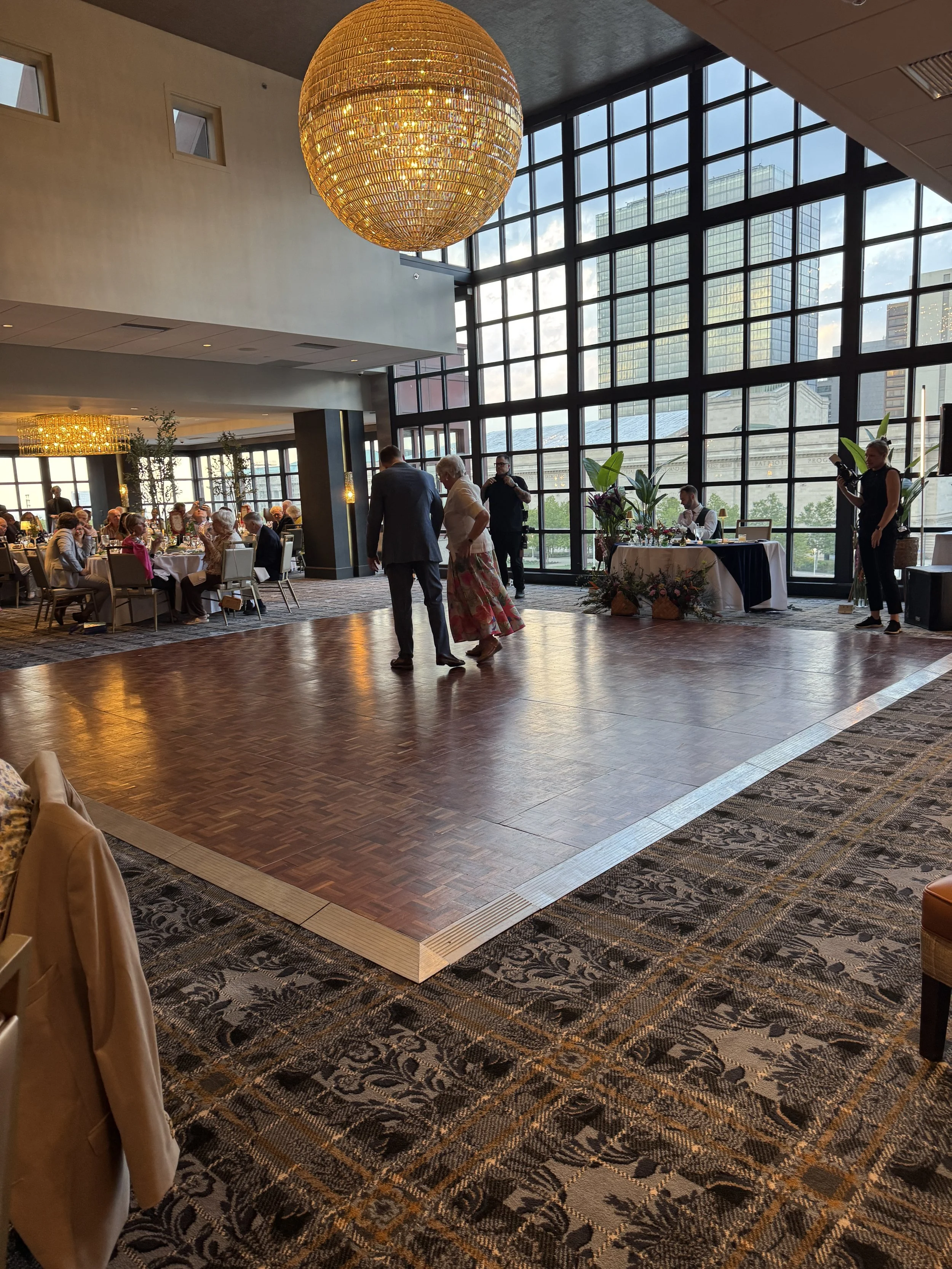 Reception tables at Dan and George’s wedding in the St. Clair Ballroom at Cleveland Marriott Downtown at Key Tower