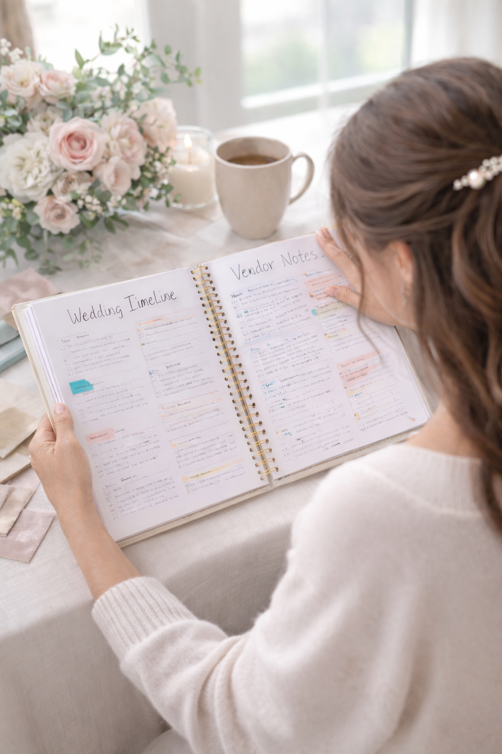 bride reviewing wedding planning timeline and vendor notes during engagement