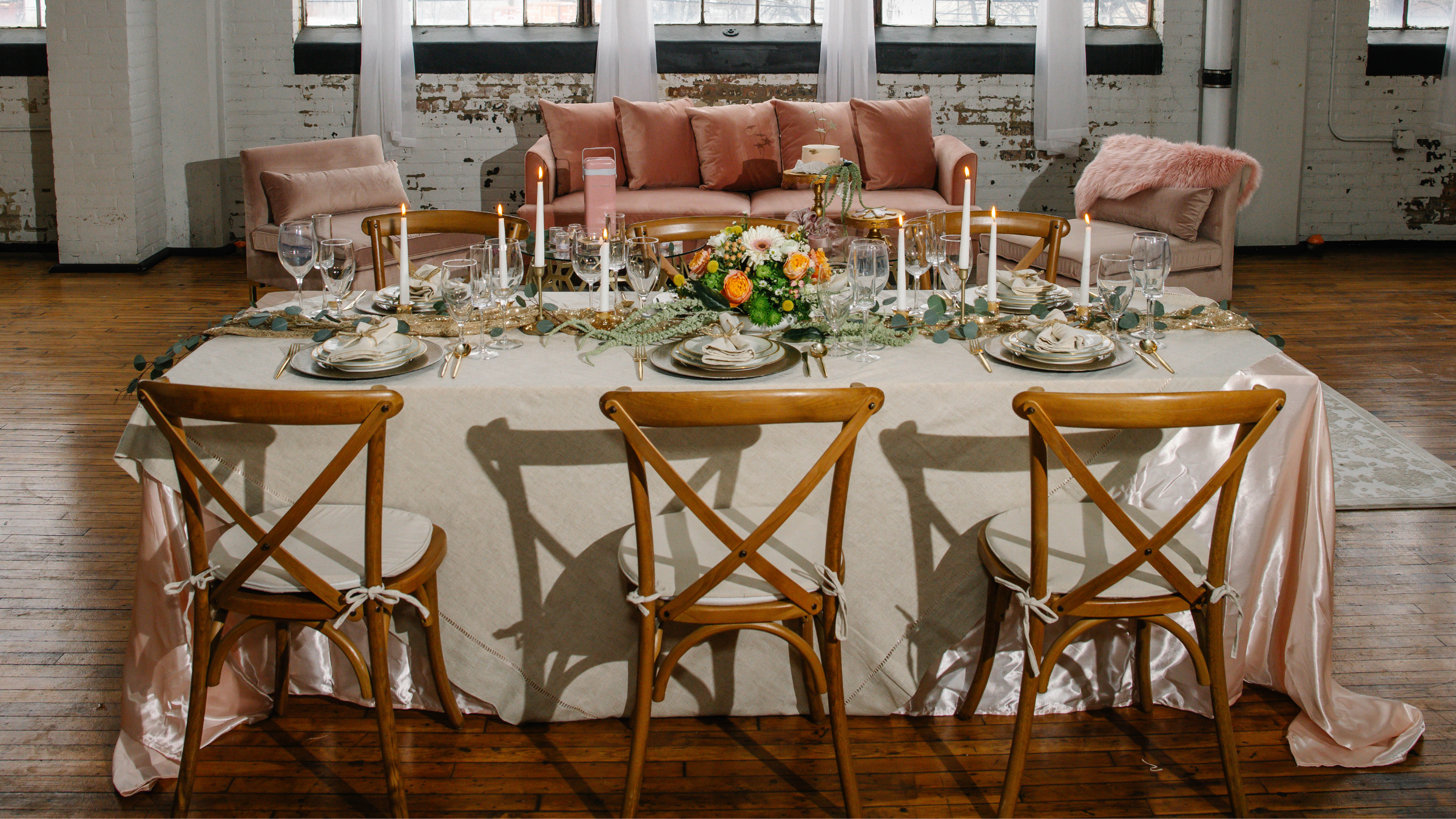 Lover era romantic wedding design Cleveland - blush velvet lounge, soft lighting, romantic florals by Sterling Event Services