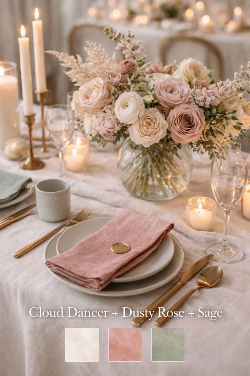 Cloud Dancer + Dusty Rose + Sage