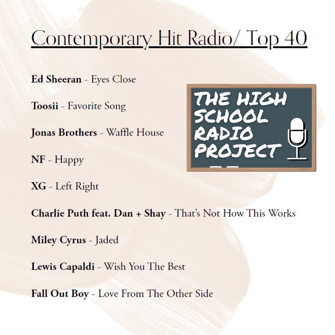 Added NINE songs on #NewMusicFriday to our Top 40 format! Tune into the HSRP in MA or NE to hear the latest from @edhq, @mileycyrus, @lewiscapaldi, and more! 

https://www.highschoolradioproject.org/station-streams