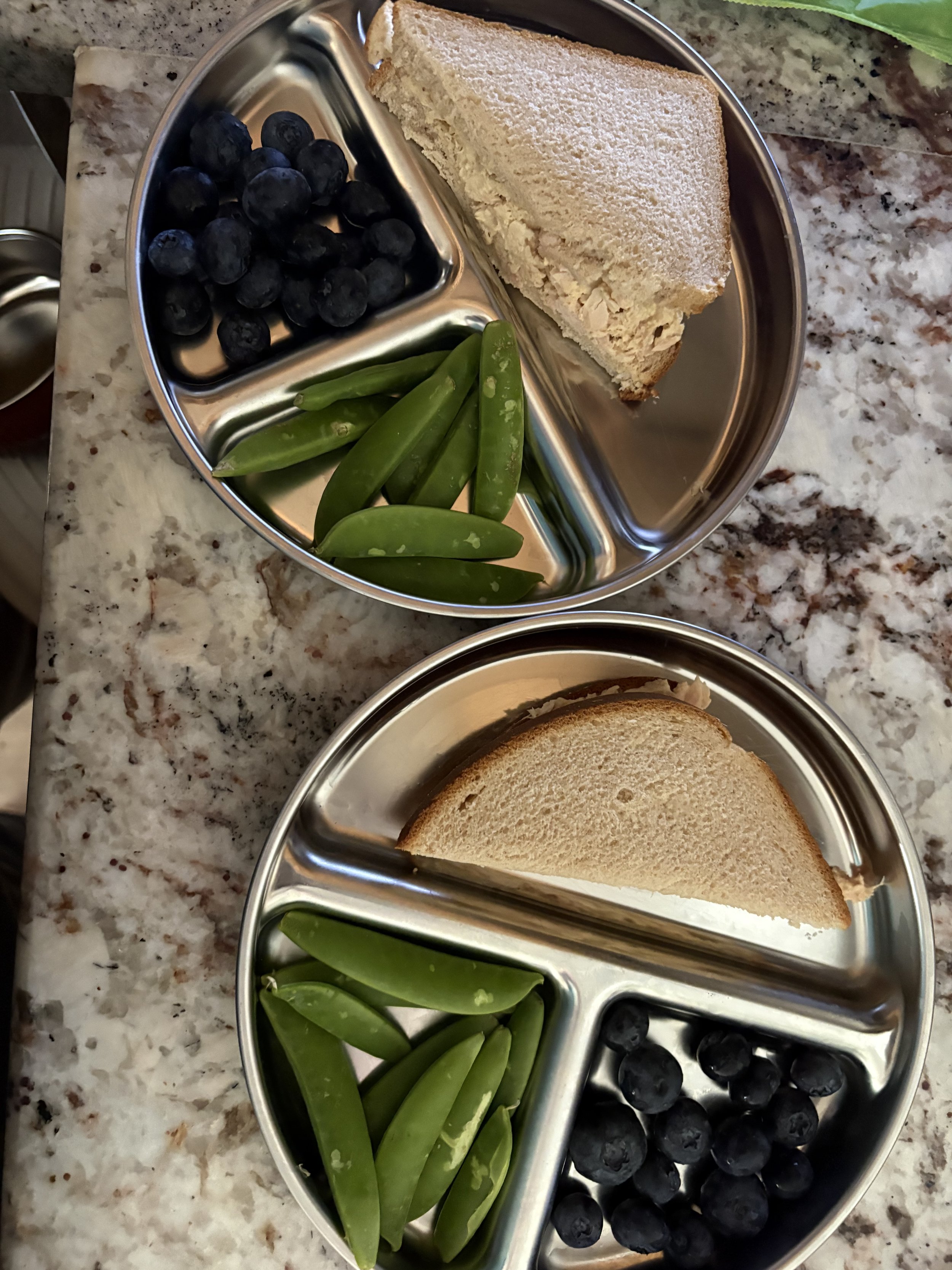 Tuna sandwiches with snap peas and blueberries