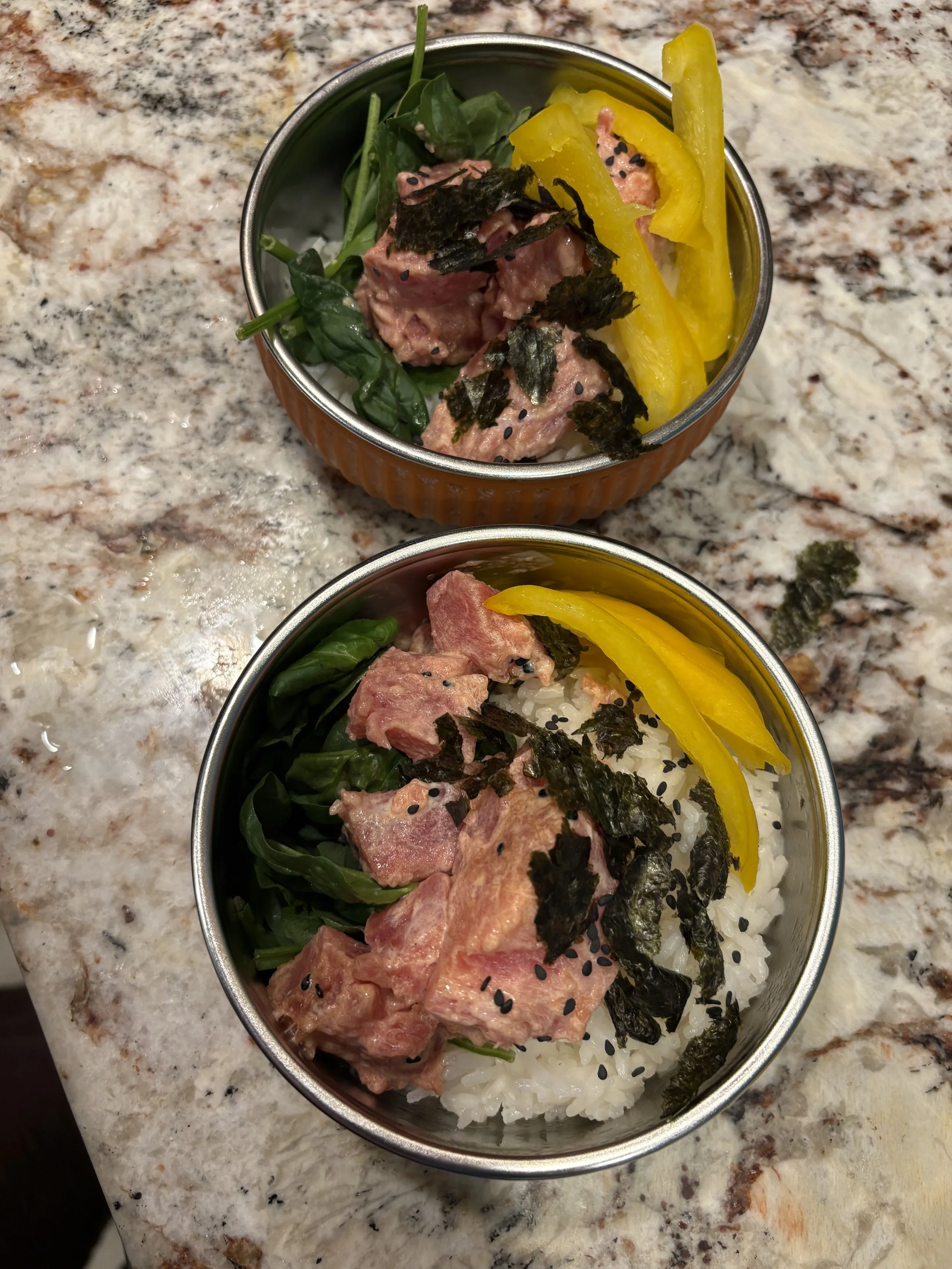 Homemade Poke Bowls with Rice and Spinach