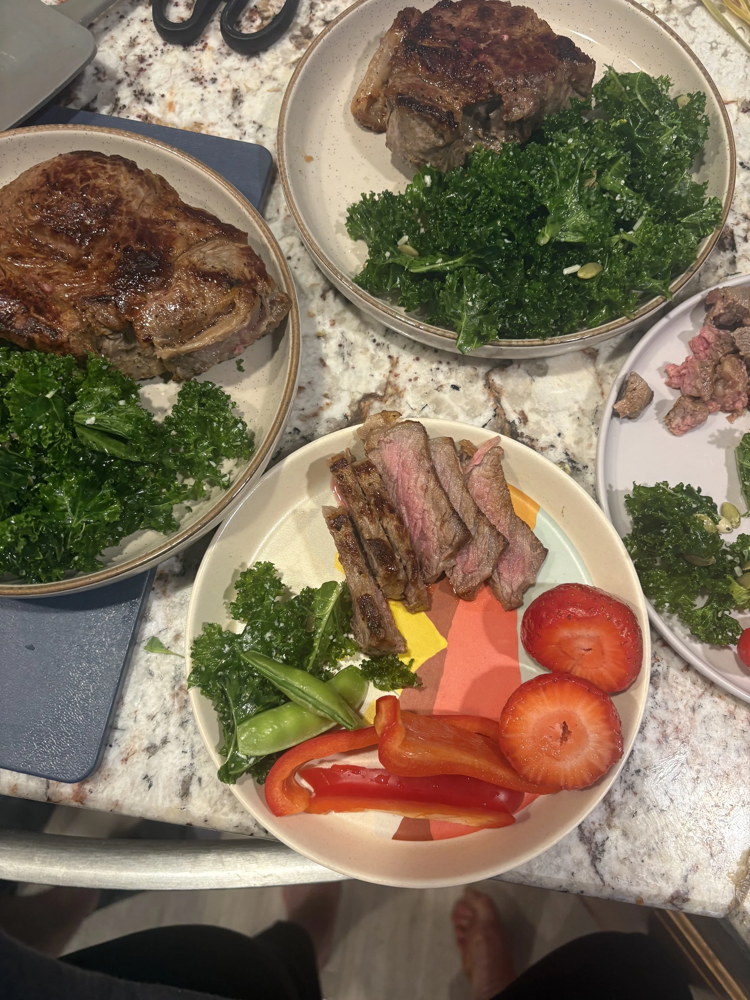 Steak, strawberries, and veggies