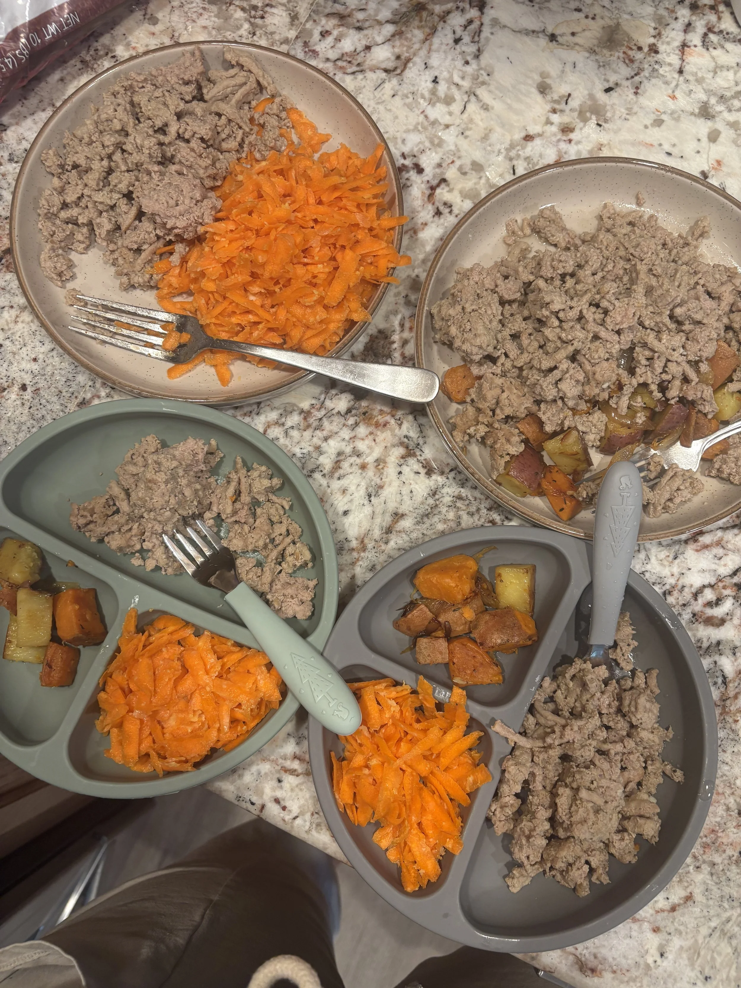 Ground turkey, raw carrot salads, roasted potatoes