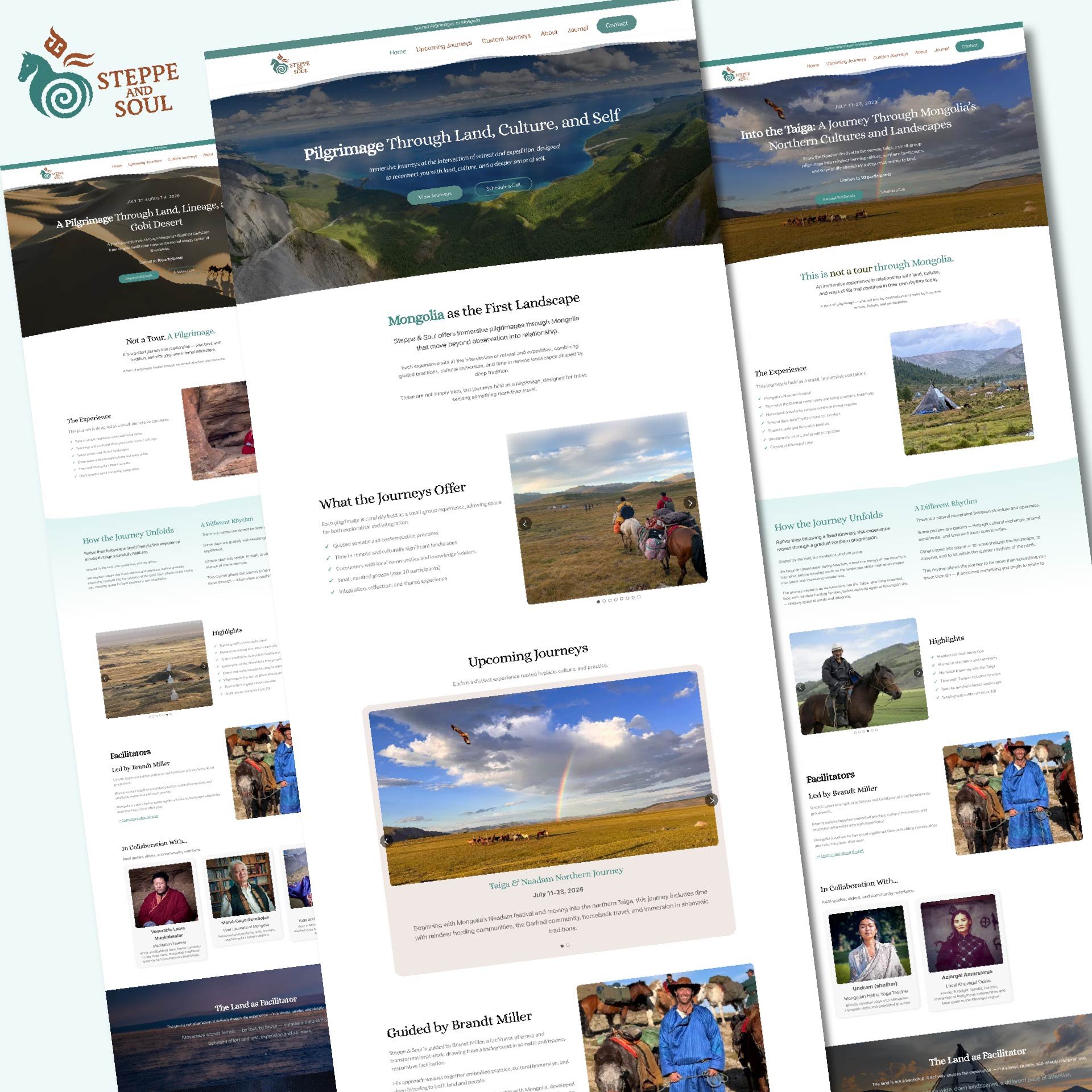 Steppe & Soul website redesign showing pilgrimage retreat landing pages