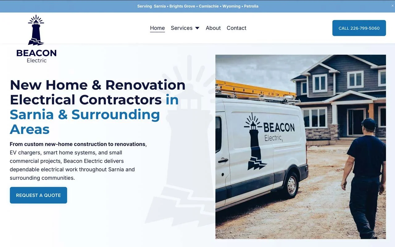 Beacon Electric website design showing residential electrical contractor services in Sarnia Ontario
