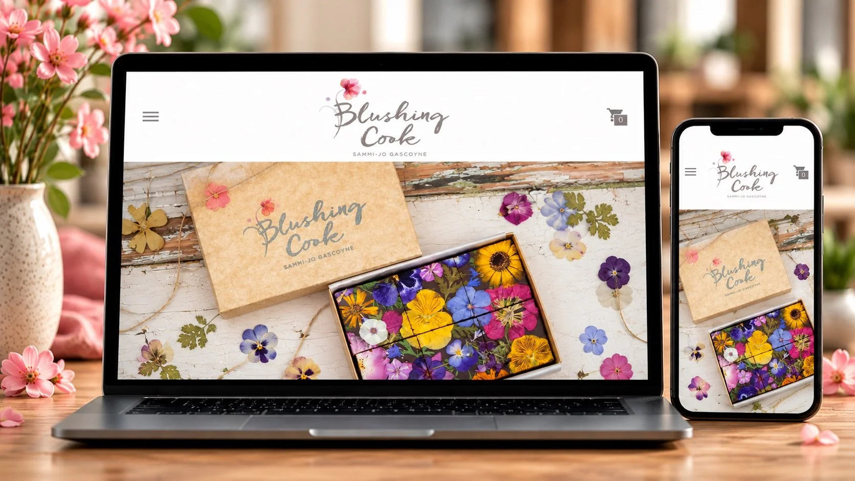 Laptop and smartphone displaying a website for 'Blushing Cook' with a floral-themed design, including a box of colorful pressed flowers, on a wooden table with pink and purple flowers in the background.