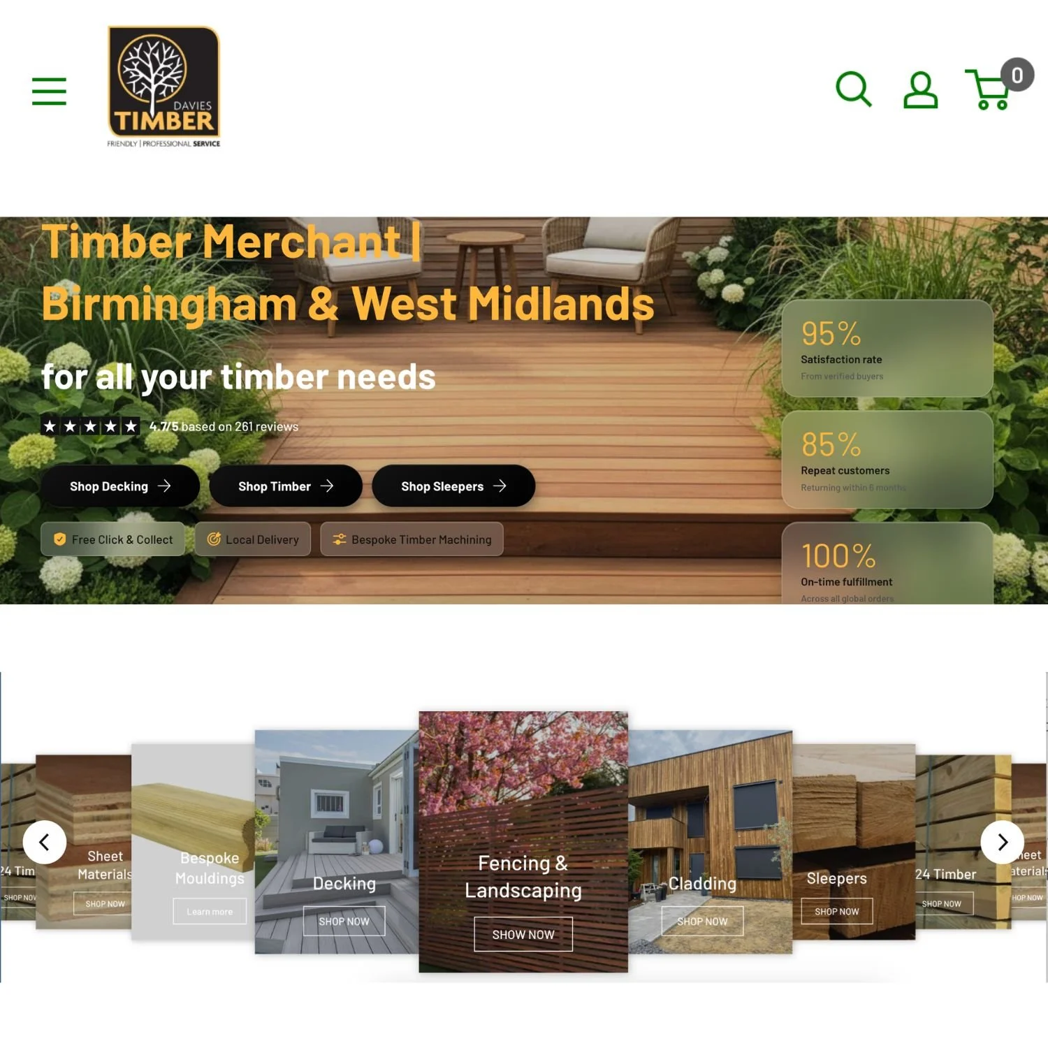 Screenshot of a website homepage for Timber merchants in Birmingham and West Midlands, featuring outdoor furniture, plant greenery, customer satisfaction ratings, and timber products.