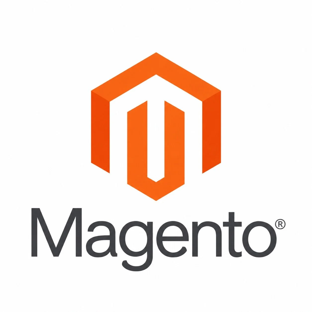 Magento logo featuring an orange 3D letter M and the word 'Magento' in black text below.