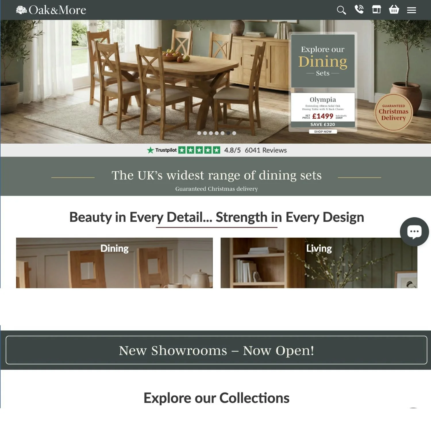 Screenshot of Oak&More website homepage featuring a dining room with a wooden table and chairs, promotional banner for a dining set, and navigation options.