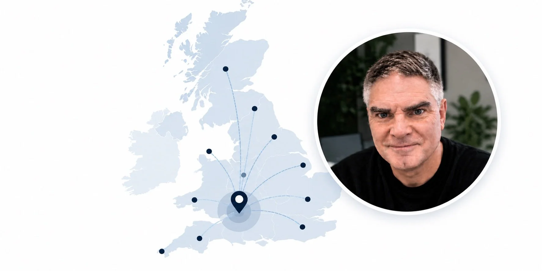 A map of Europe with several black dots connected by lines to a central point in the United Kingdom, next to a circular portrait of a middle-aged man with gray hair, wearing a black shirt, smiling slightly with a background of plants and a window.