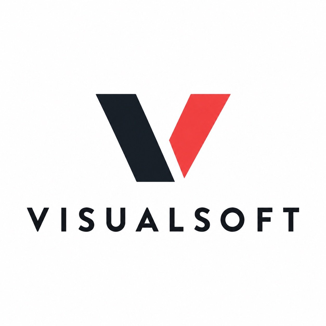 Logo of Visualsoft featuring a stylized V with black and red segments and the company name below in black text.