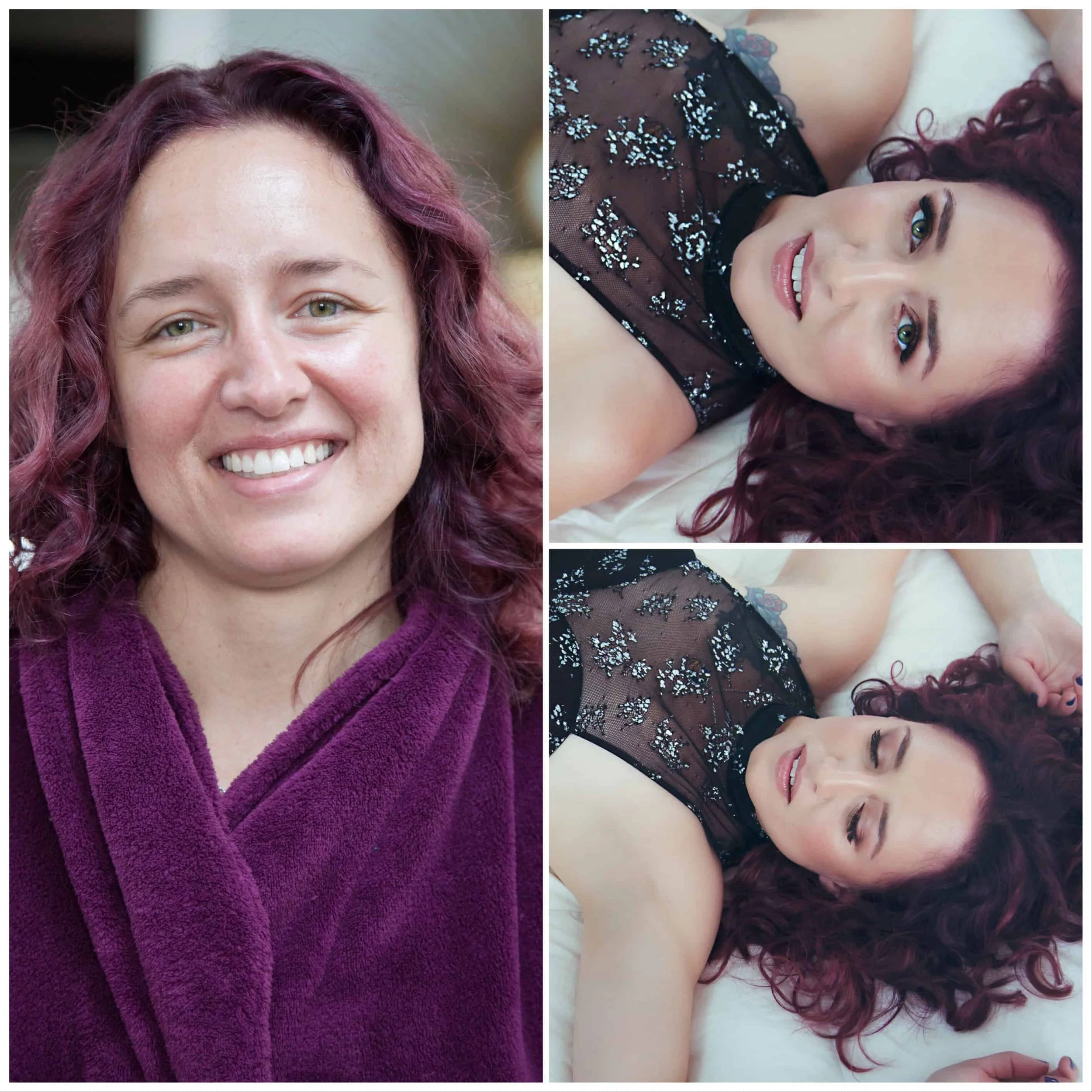 A collage of three photos showing a woman with curly red hair and light skin. The left photo is a close-up portrait of her smiling, wearing a purple robe. The top right photo shows her lying on a bed, looking at the camera, wearing a black lace top w