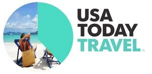 Logo for USA Today Travel featuring a beach scene with a person sitting on a lounge chair, ocean, and blue sky.