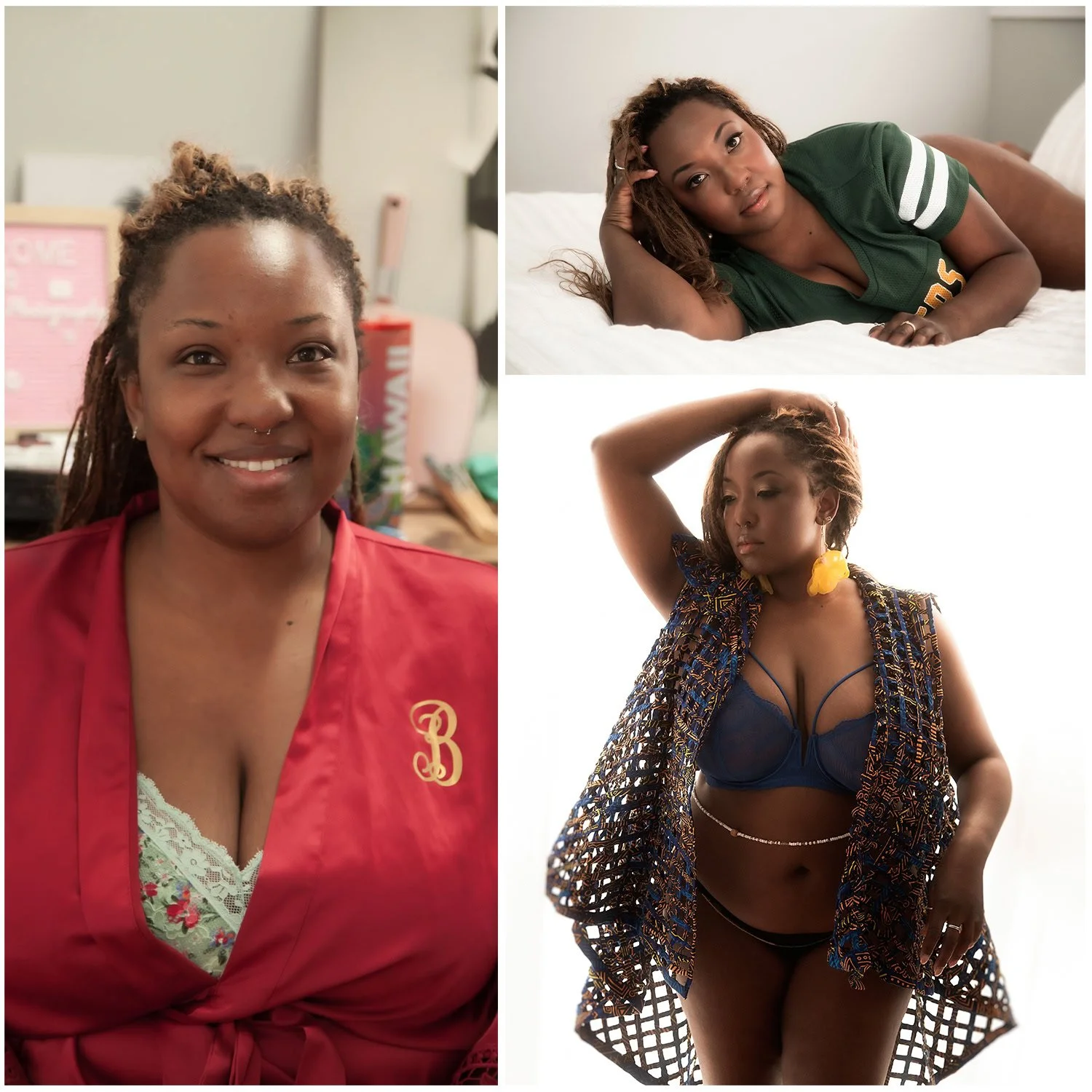 A collage of three women in different poses and outfits. The woman on the left wears a red satin robe and has dreadlocks. The woman on the top right is lying on a bed with her head resting on her hand, wearing a green sports jersey. The woman on the 