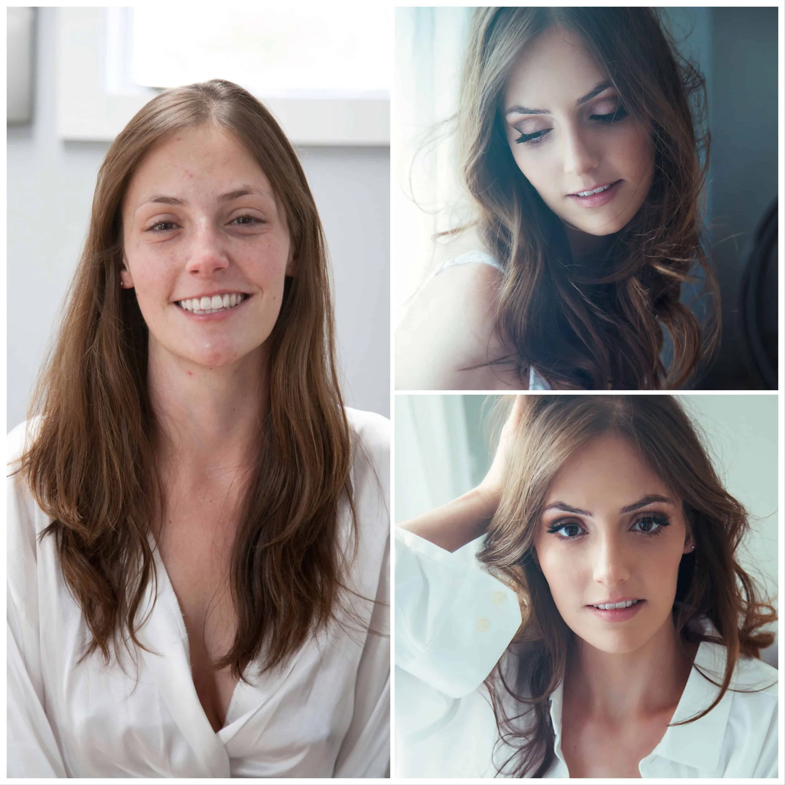 A collage of three photos of the same woman with long wavy brown hair and light skin. The left photo shows her smiling directly at the camera in a white top, the top right photo shows her looking down with makeup and soft lighting, and the bottom rig