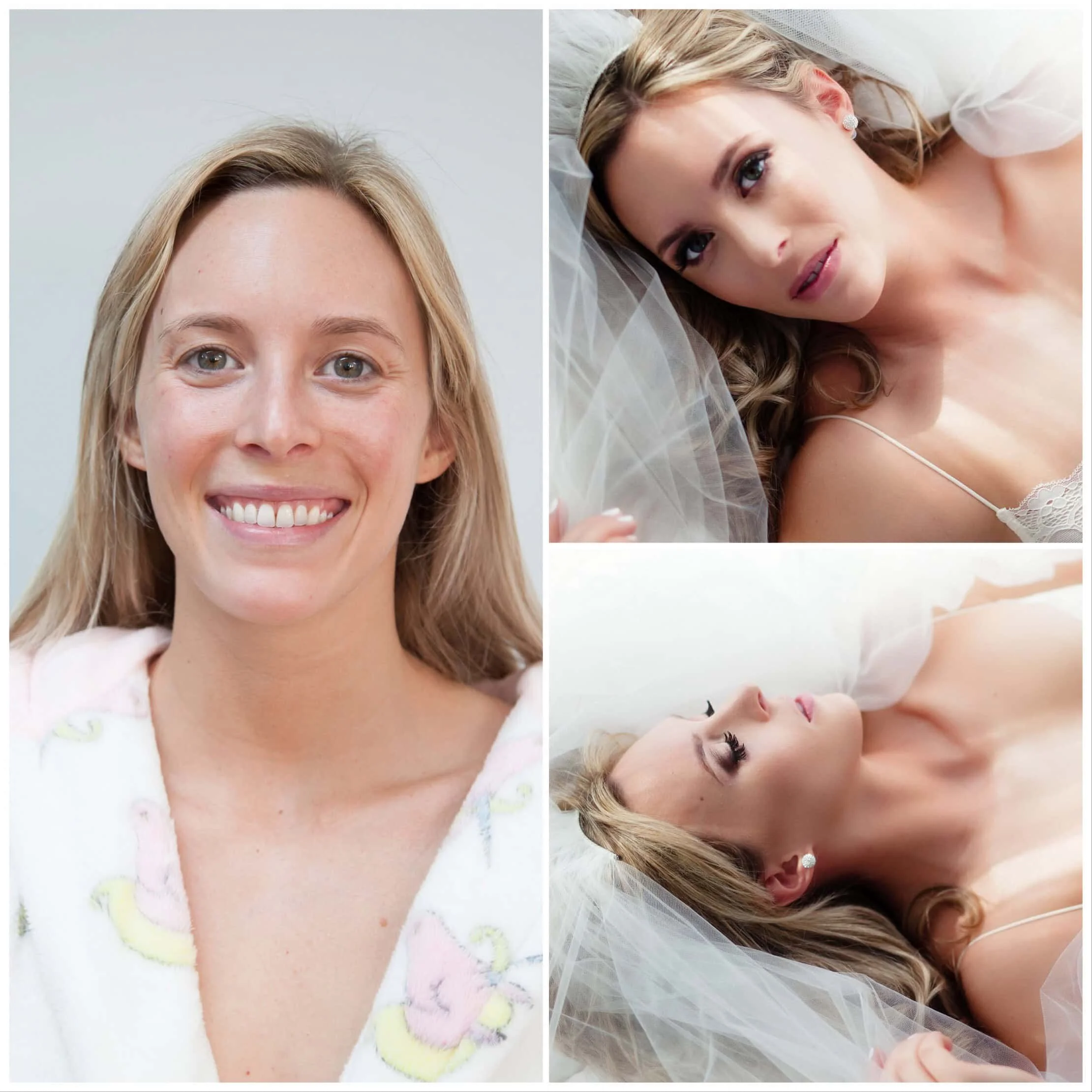 A collage of three images: the first features a woman with blonde hair smiling at the camera, wearing a white robe with pink and yellow embroidery. The second shows the woman lying on a bed, gazing softly at the camera with a veil partly covering her