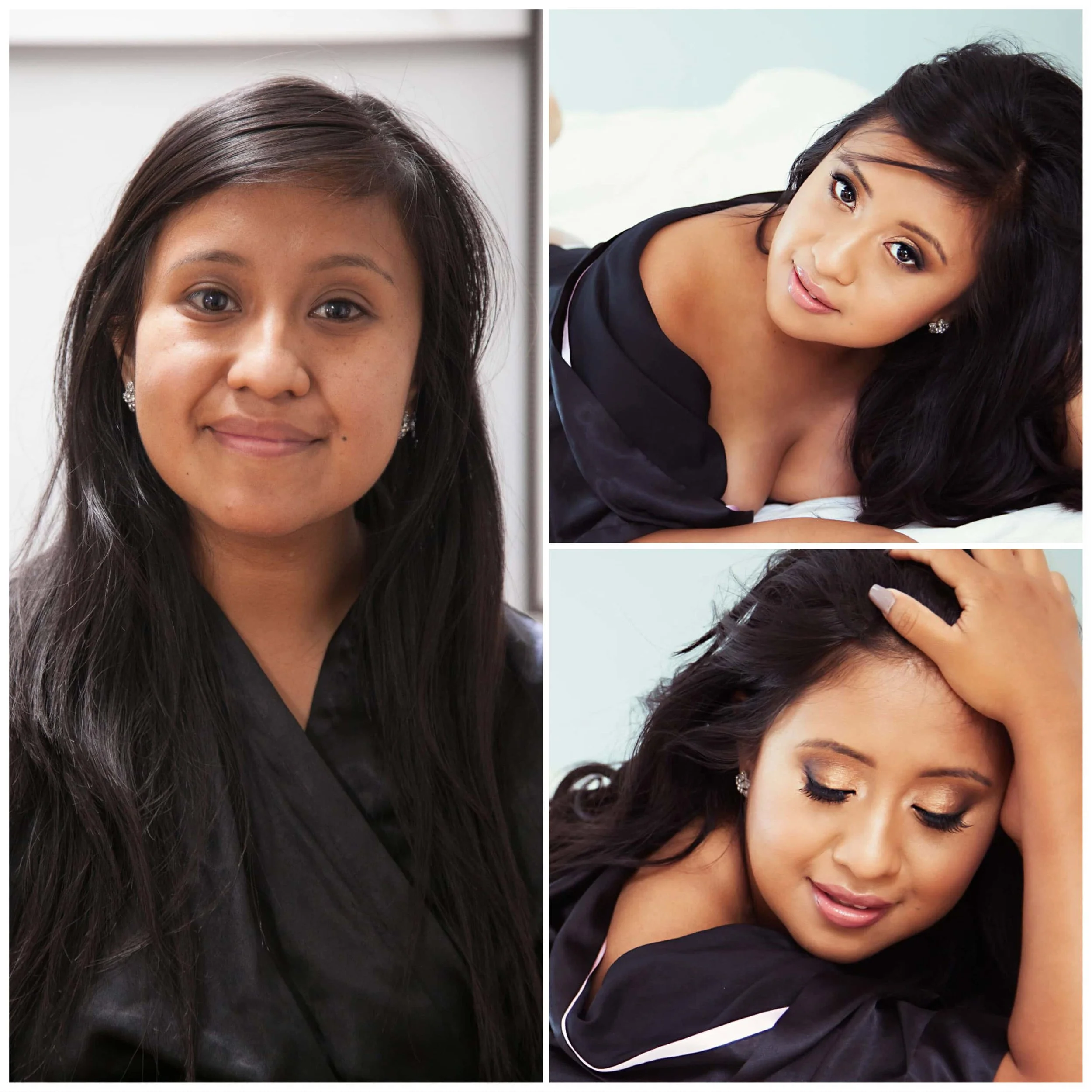 A collage of three images featuring the same woman with long black hair, light brown skin, and wearing earrings and a dark top. The left image shows her smiling directly at the camera. The top right image shows her lying on her side on a bed, looking