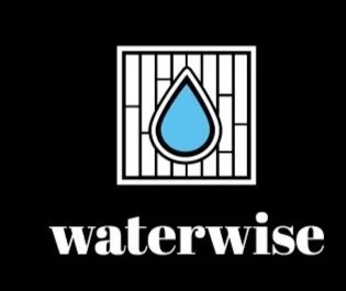 A logo featuring a blue water droplet inside a stylized window with vertical bars, and the word "waterwise" written below in white text.