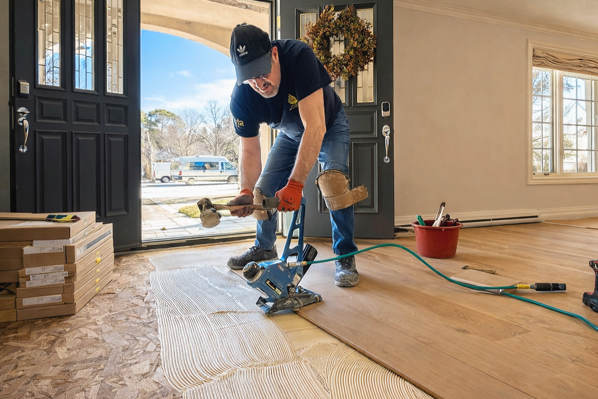 Glue-down hardwood flooring installation securing planks directly to the subfloor for enhanced stability, durability, and long-lasting performance by Express Hardwood & Flooring.