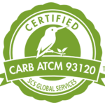 Green circular badge with a bird silhouette in the center, reading 'Certified Carb ATCM 93120' and 'SGS Global Services'