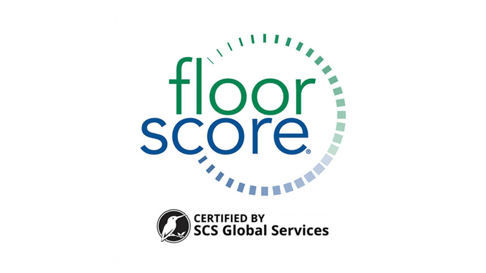Logo for Floor Score certification with green and blue text and a circular color gradient, certifying by SCS Global Services.