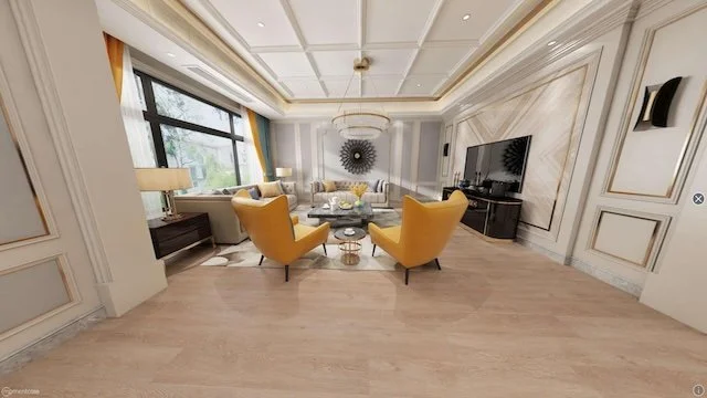 Living room with a large window, yellow armchairs, a sofa, a television, and modern decor.