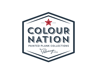 Logo for Colour Nation Painted Plank Collections featuring a red star, bold text, and a diamond-shaped border.