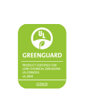 GreenGuard product label with Up logo, indicating product is eco-friendly and has a Gold certification for low chemical emissions.